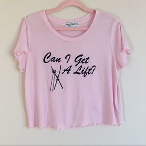 Wildfox Pink Cropped Short Sleeve Tee Ski Lift Graphic Print Lettuce Hem